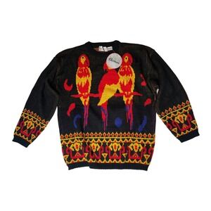 NEW Vtg Chateau Womens Sweater 80s Black Red Yellow Parrot Bird 3/4 Sleeves Sz M